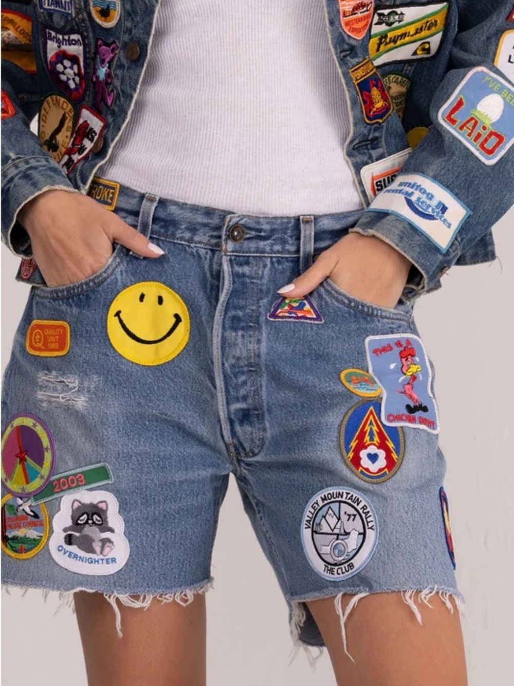 RILEY Blue Denim Vintage Jean Shorts with Patchwork Accents, 27, one of a kind